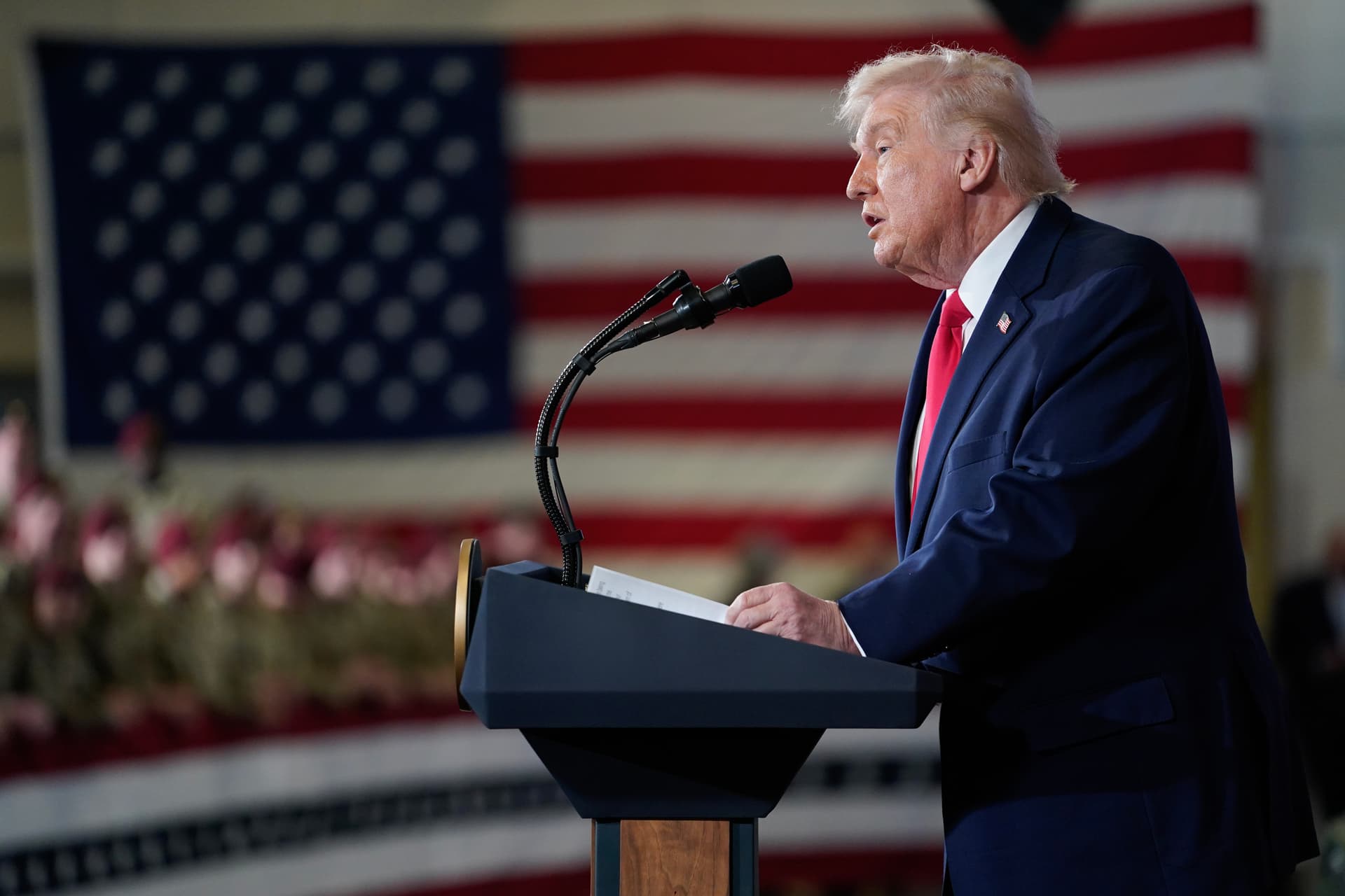 President Trump speaks during a visit to the Fort Bragg U.S. Army base on February 13, 2026.