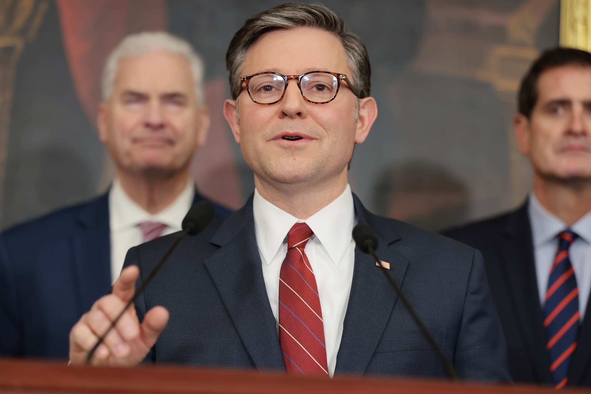The speaker of the House, Mike Johnson, speaks at a news conference at the U.S. Capitol on February 24, 2026.