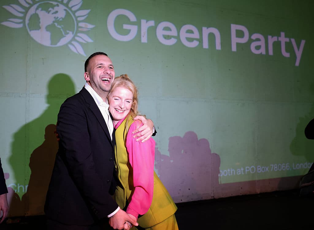 Green Party candidate and winner Hannah Spencer and Green Party leader Zack Polanski on February 26, 2026 at Manchester. 