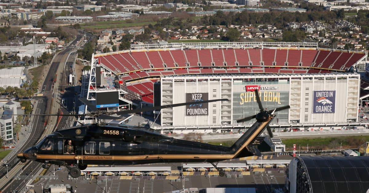 A Customs and Border Patrol helicopter patrols the airspace around Levi’s Stadium at Santa Clara, California on January 5, 2026.