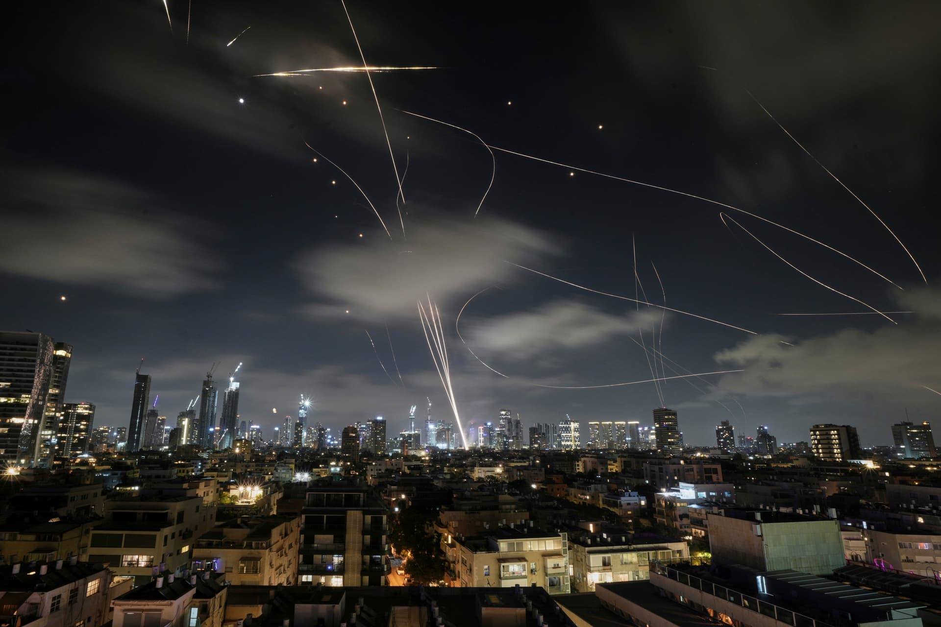The Israeli Iron Dome air defense system intercepts missiles during an Iranian attack at Tel Aviv, Israel, on June 18, 2025.