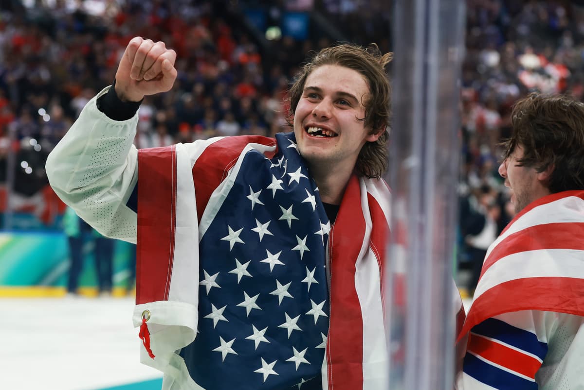 Jack Hughes of Team USA celebrates the team’s gold-medal victory over Canada during the 2026 Winter Olympics at Milan, Italy,  on February 22, 2026.