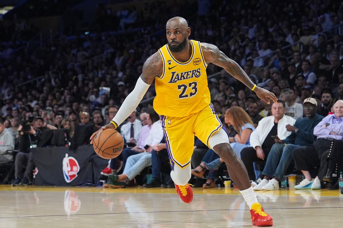 Los Angeles Lakers forward LeBron James drives to the basket during an NBA basketball game against the Golden State Warriors at Los Angeles on February 7, 2026.