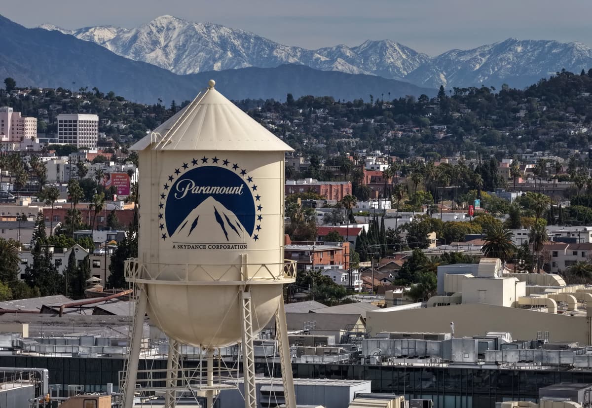 The Paramount logo appears on a water tower at Paramount Studios at Los Angeles, California, on February 23, 2026.