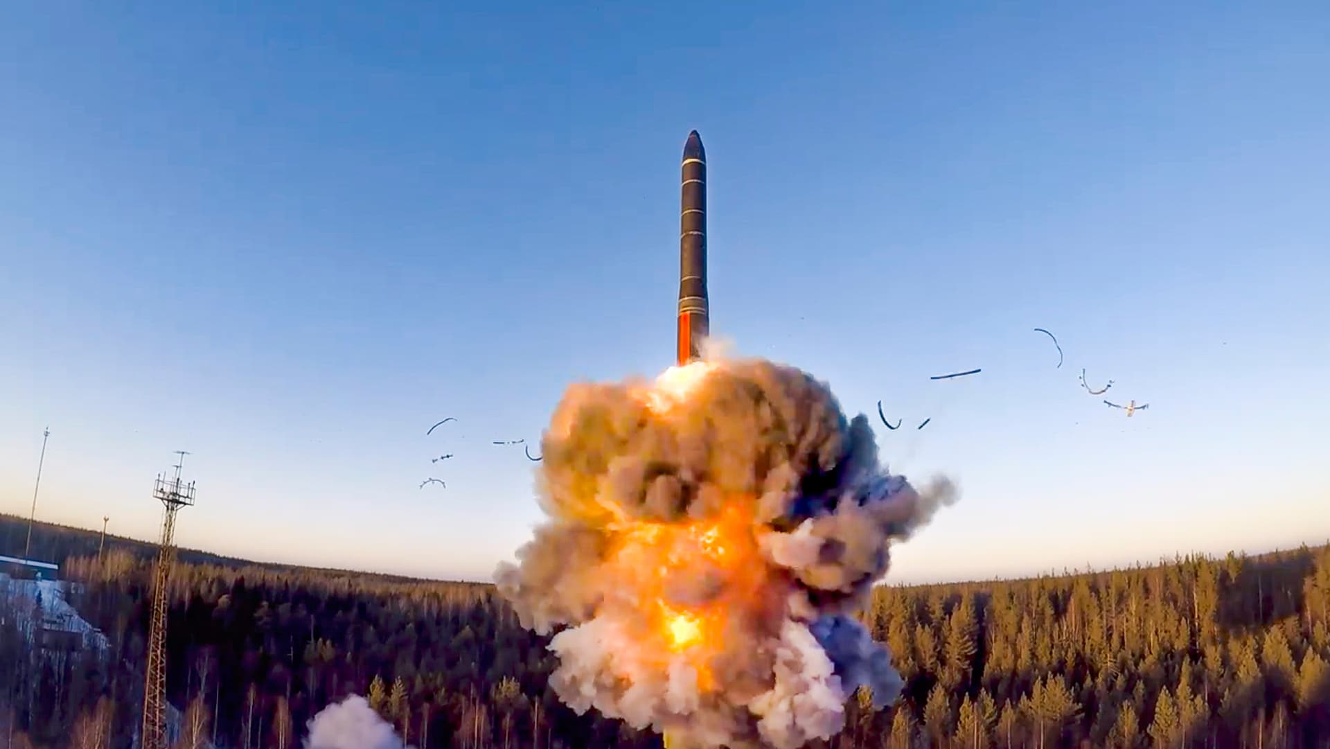 A Russian rocket heads skyward during a ground-based intercontinental ballistic missile test in northwestern Russia on December 9, 2020.