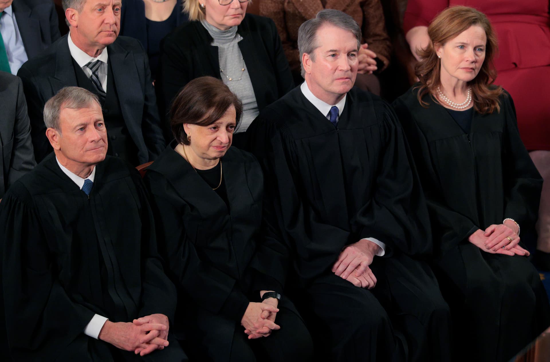 Chief Justice John Roberts and Associate Justices Elena Kagan, Brett Kavanaugh, and Amy Coney Barrett attend the State of the Union address at the U.S. Capitol on February 24, 2026.