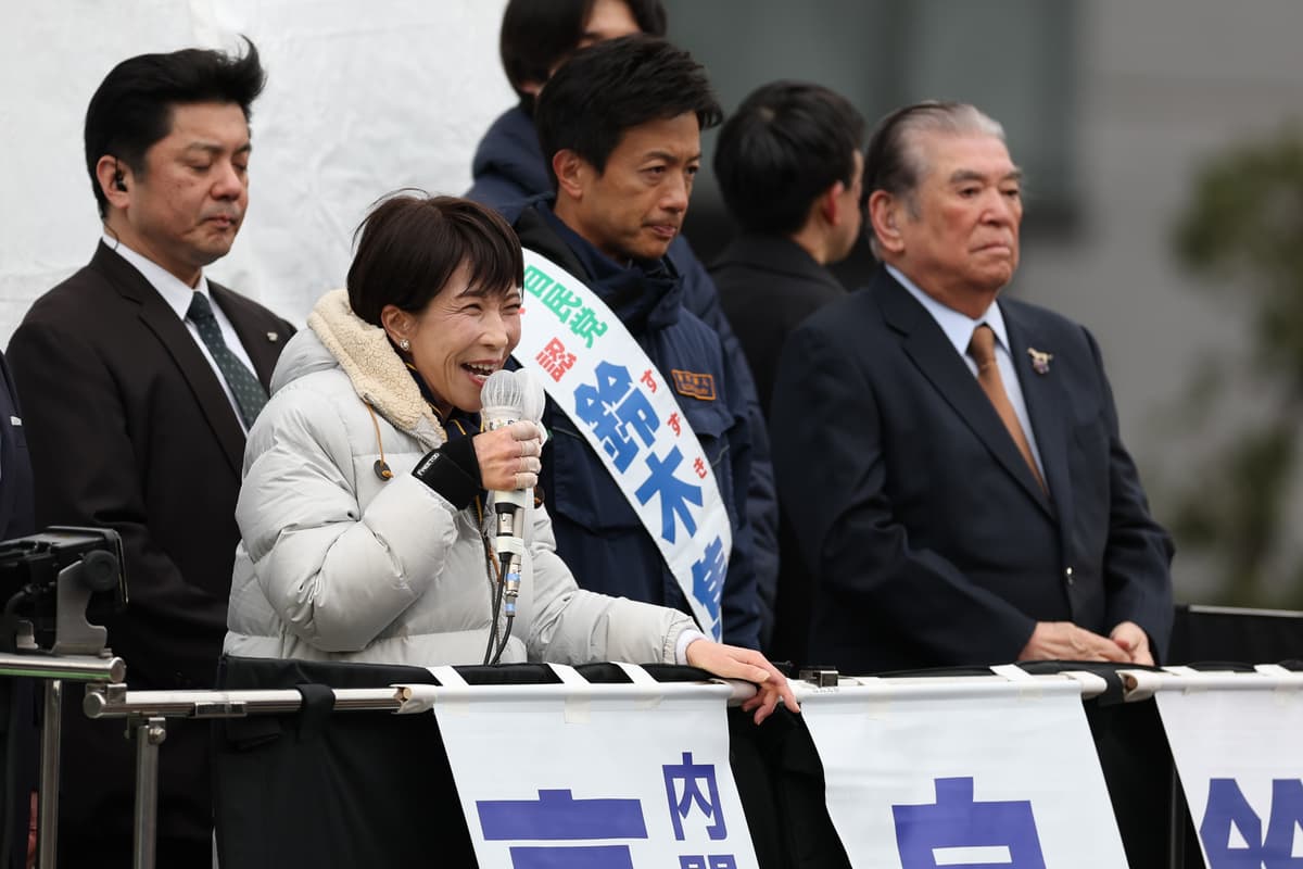 Prime Minister Sanae Takaichi delivers a final election campaign pitch at Tokyo on February 7, 2026.