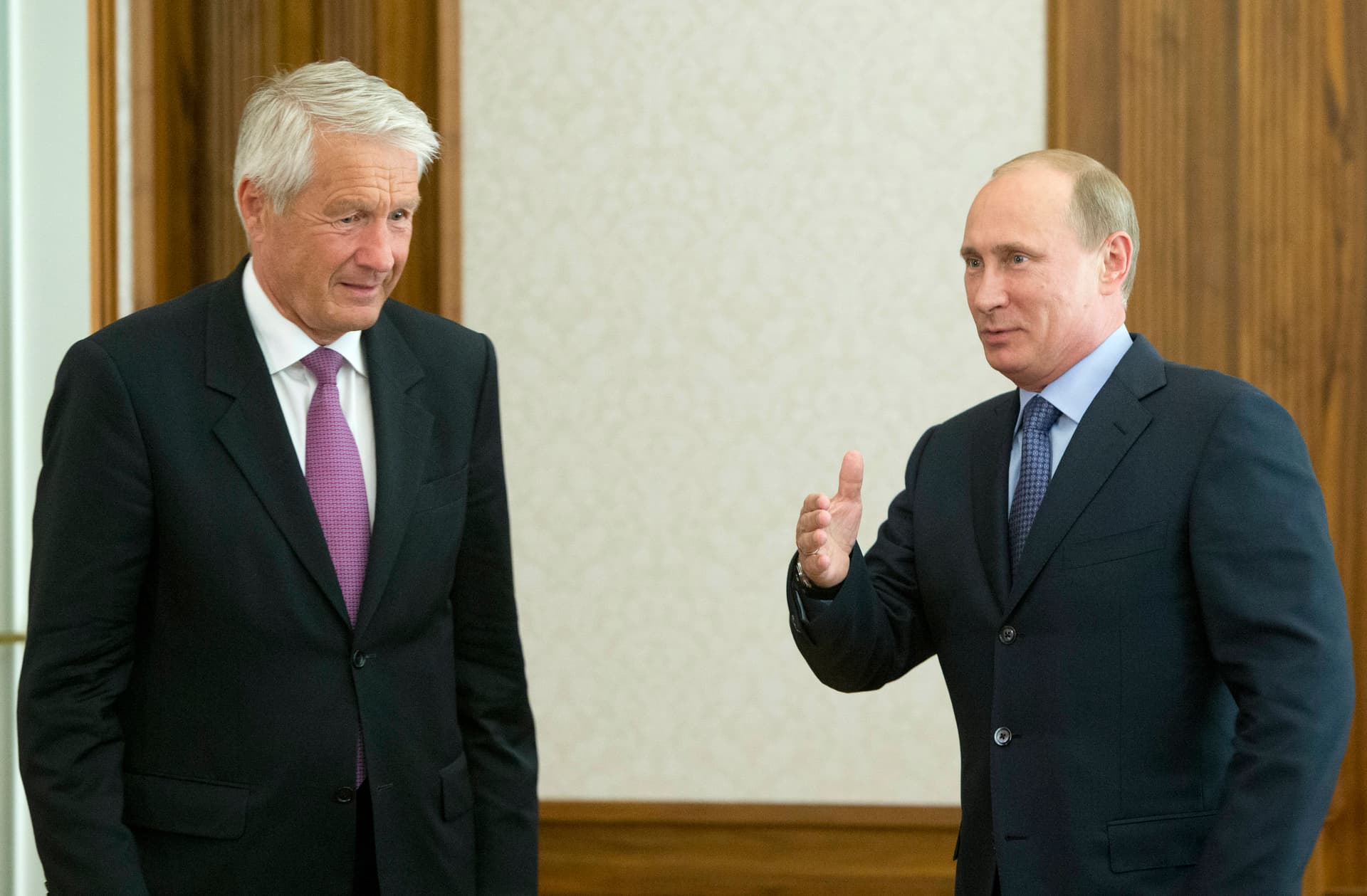 President Vladimir Putin, right, welcomes Thorbjoern Jagland, secretary general of the Council of Europe, for a meeting, at the Bocharov Ruchei residence in the Black Sea resort of Sochi, Russia, May 20, 2013.