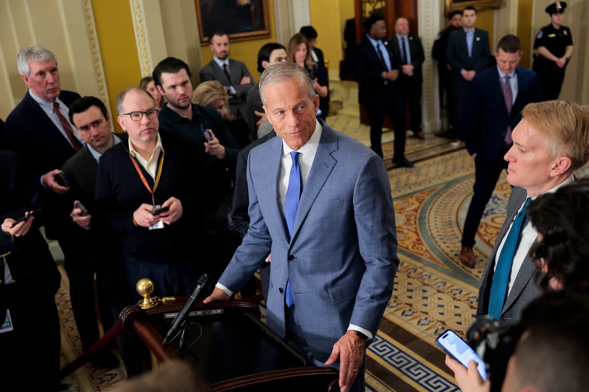 The Senate majority leader, John Thune, discusses the GOP legislative agenda with reporters at the U.S. Capitol on February 25, 2026.