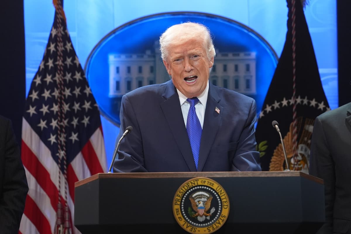 President Donald Trump speaks during a press briefing at the White House on February 20, 2026. 