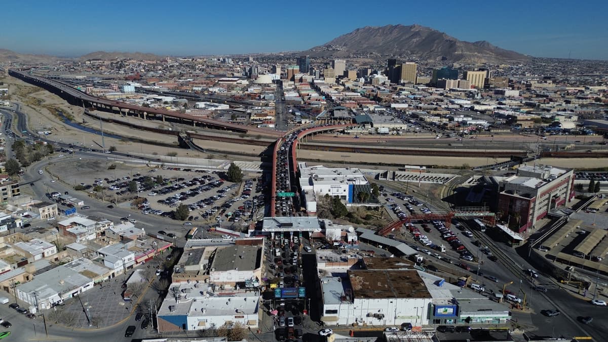 Cars cross the 'Paso del Norte' International Bridge at the U.S.-Mexico border between Ciudad Juarez, Mexico, bottom, and El Paso, Texas.
