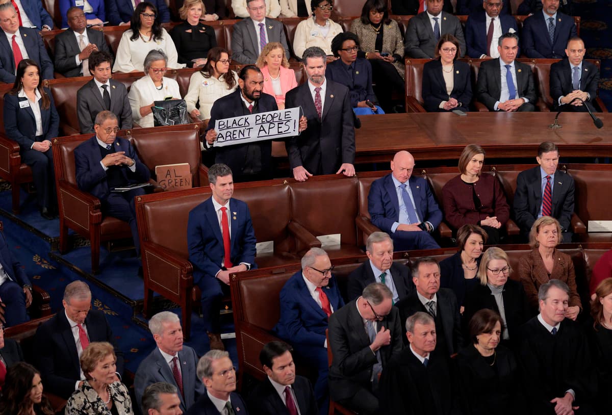 Rep. Al Green holds up a sign as Trump delivers his State of the Union address during a Joint Session of Congress at the U.S. Capitol on February 24, 2026, in Washington, D.C. 