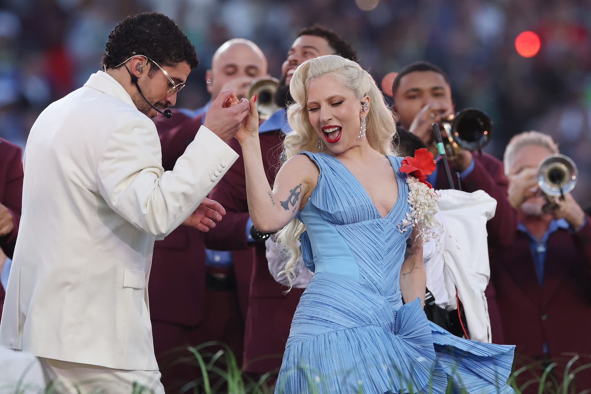 Bad Bunny and Lady Gaga perform during the Super Bowl LX halftime show at Santa Clara, California, on February 8, 2026.