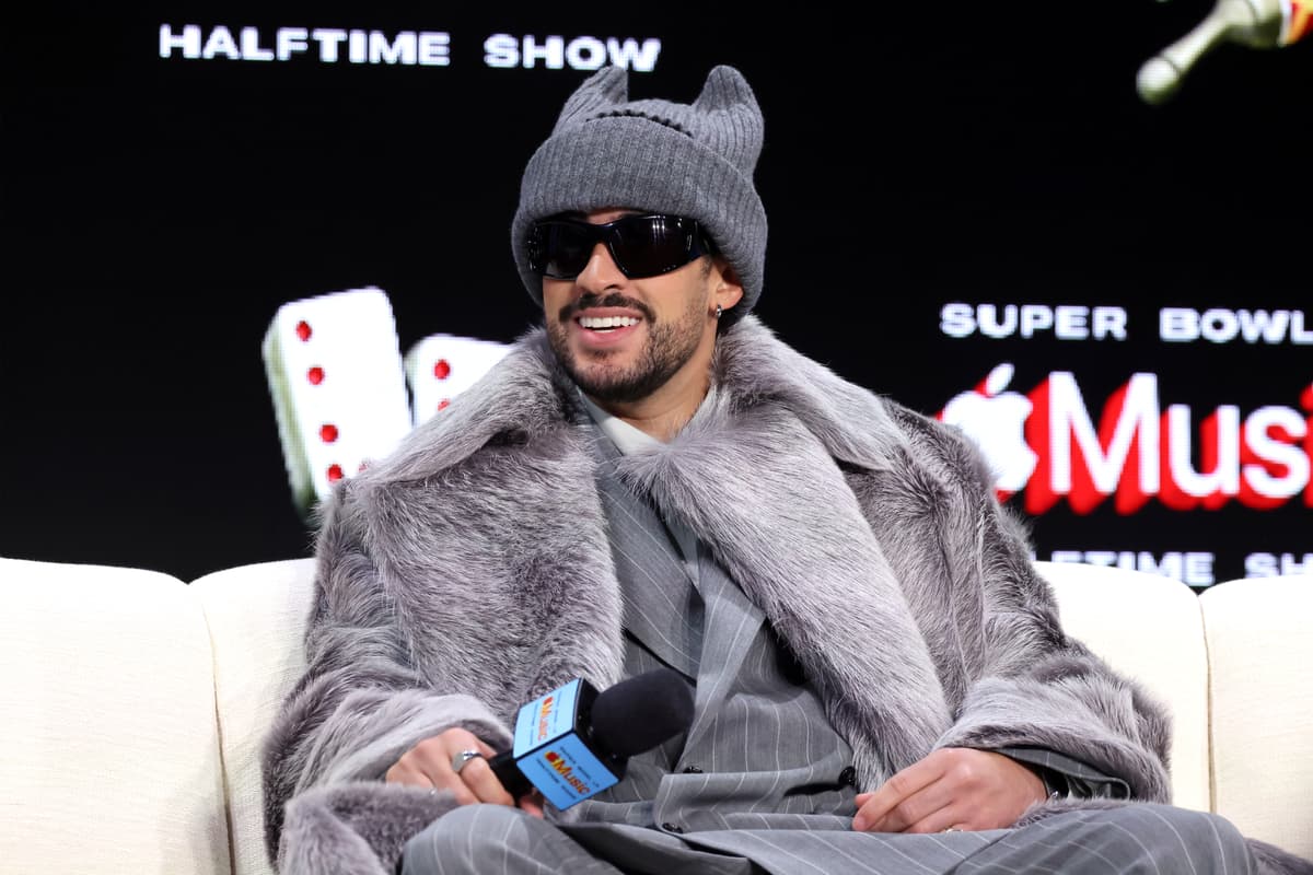 Bad Bunny speaks onstage during the Super Bowl LX Pregame Press Conference at Moscone Center West on February 5, 2026 at San Francisco, California. 
