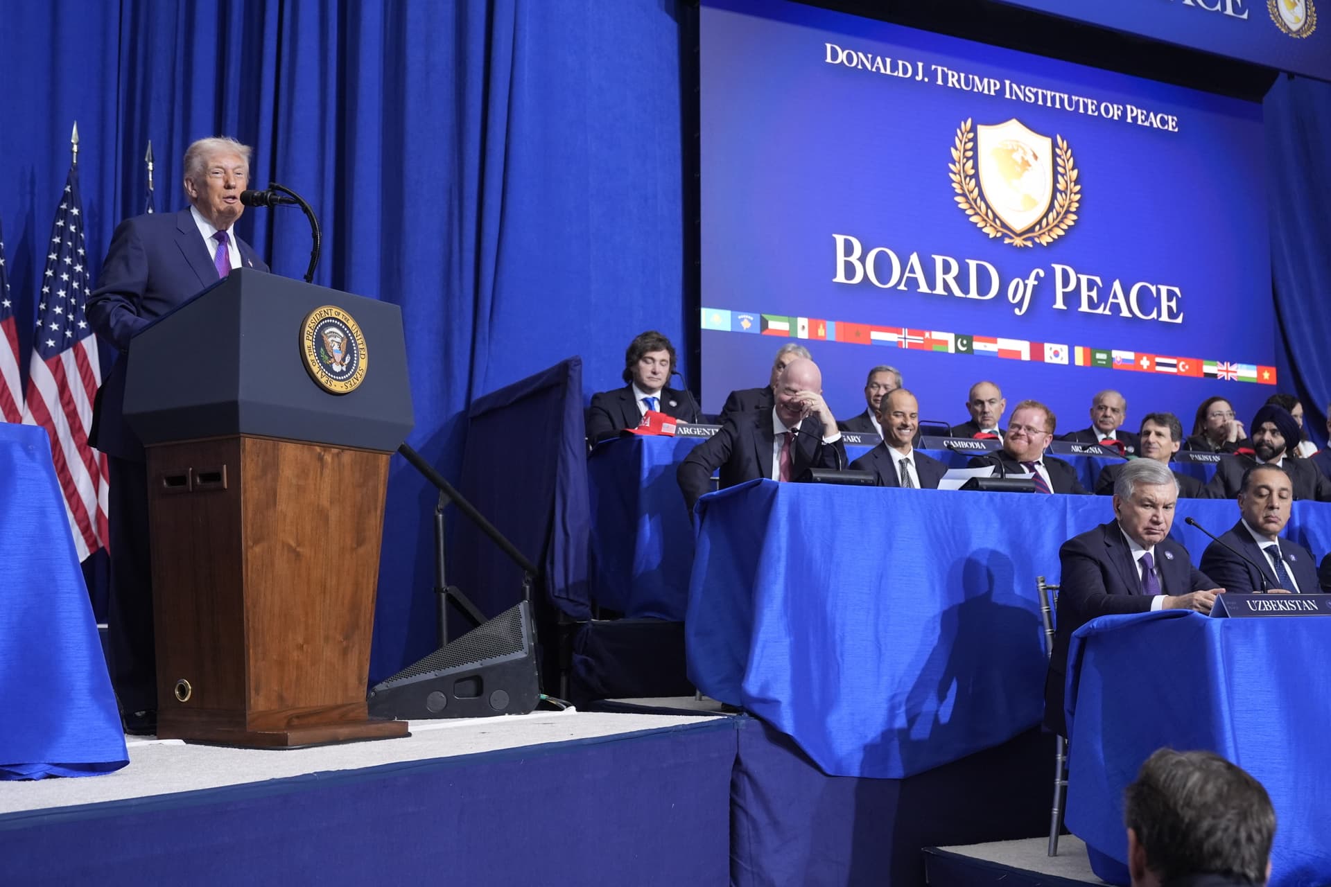 President Trump speaks during a Board of Peace meeting at the U.S. Institute of Peace, February 19, 2026, at Washington.