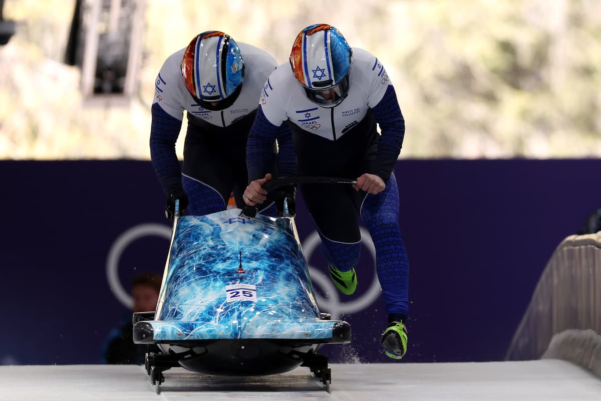 Adam Edelman and Menachem Chen of Team Israel compete in the Men's Two-Man Bobsleigh Heat.