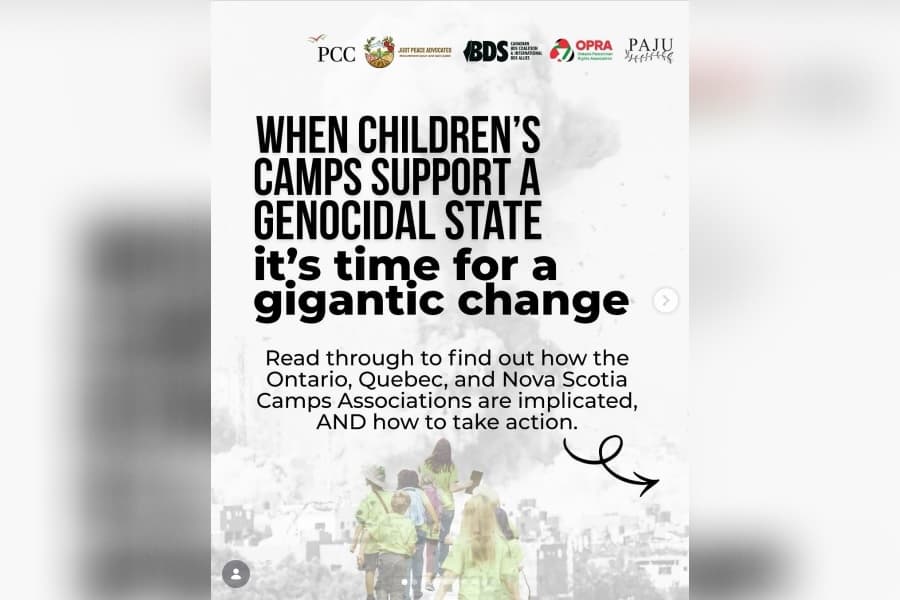 An instagram post from the anti-Israel Just Peace Advocates targeting Jewish summer camps.