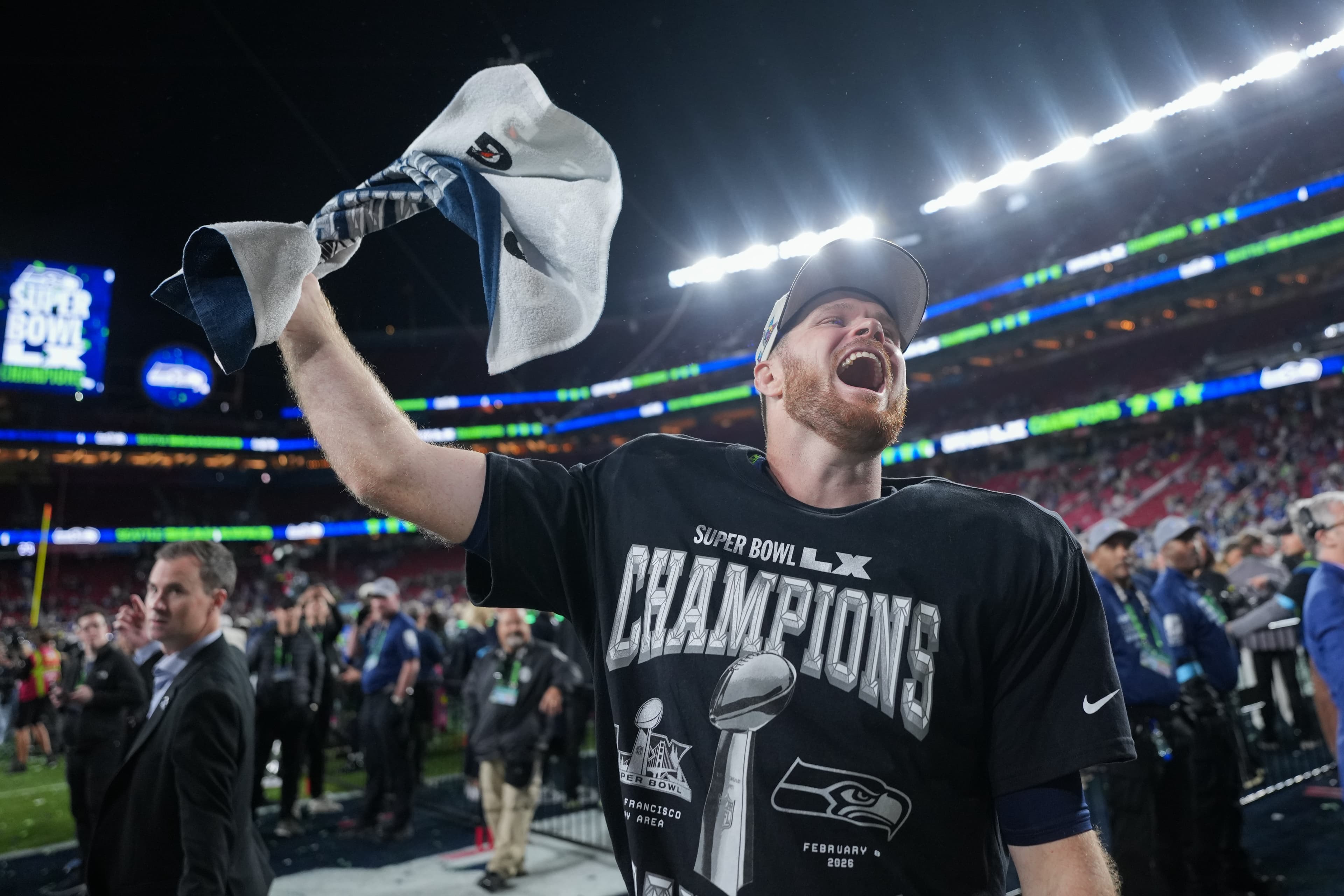 Seattle Seahawks quarterback Sam Darnold celebrates after a win over the New England Patriots in the NFL Super Bowl 60 football game.