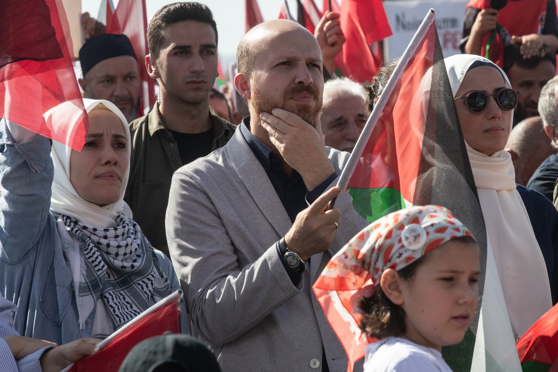 Children of the Turkish president, Recep Tayyip Erdogan, at a pro-Palestinian rally on October 6, 2024 at Istanbul. Left to right: Esra Albayrak Erdogan, Bilal Erdogan, and Sumeyye Erdogan.