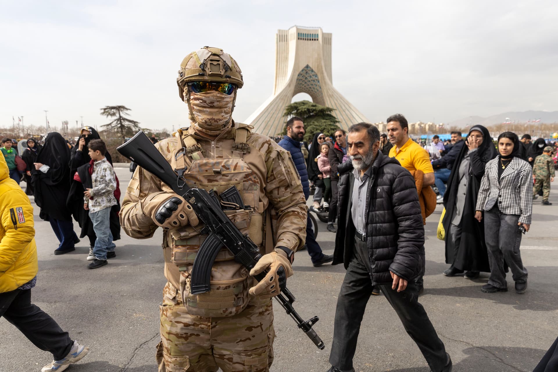 An Iranian special forces agent patrols during commemorations to mark the anniversary of the 1979 Iranian Revolution on February 11, 2026.
