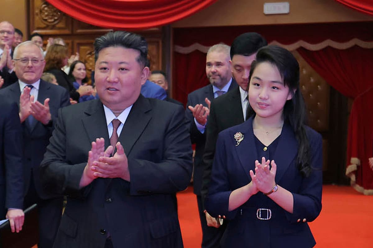 North Korean leader Kim Jong Un and his daughter, Kim Ju-hae,  arrive at the East Pyongyang Grand Theatre at Pyongyang, June 29, 2025. 