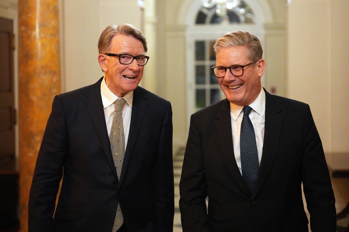 Britain's prime minister, Keir Starmer, right, talks with Britain's ambassador to the United States, Peter Mandelson, during a welcome reception at the ambassador's residence in 2025 in Washington.