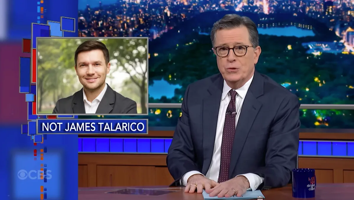 Stephen Colbert defiantly shows a photo of a model who looks similar to liberal Texas Democrat James Talarico as he denounces CBS.
