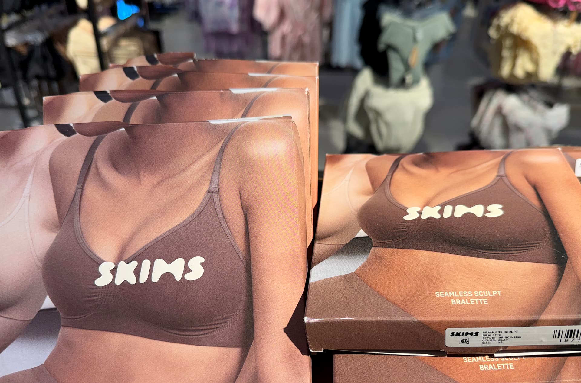 Underwear is displayed on a shelf at a store in California.