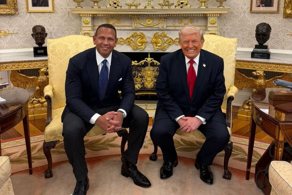 Former New York Yankees slugger Alex Rodriguez appears with President Trump at the White House on March 5, 2026.
