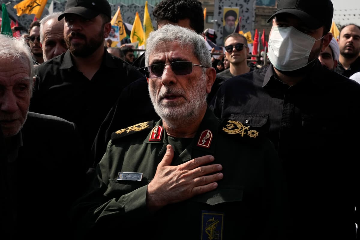 Commander of the Iran's Revolutionary Guard Quds Force, Gen. Esmail Qaani, mourns during the funeral ceremony of the late Revolutionary Guard Gen. Abbas Nilforushan, who was killed in an Israeli airstrike in Beirut in late September, in Tehran, Iran, Tuesday, Oct. 15, 2024. 