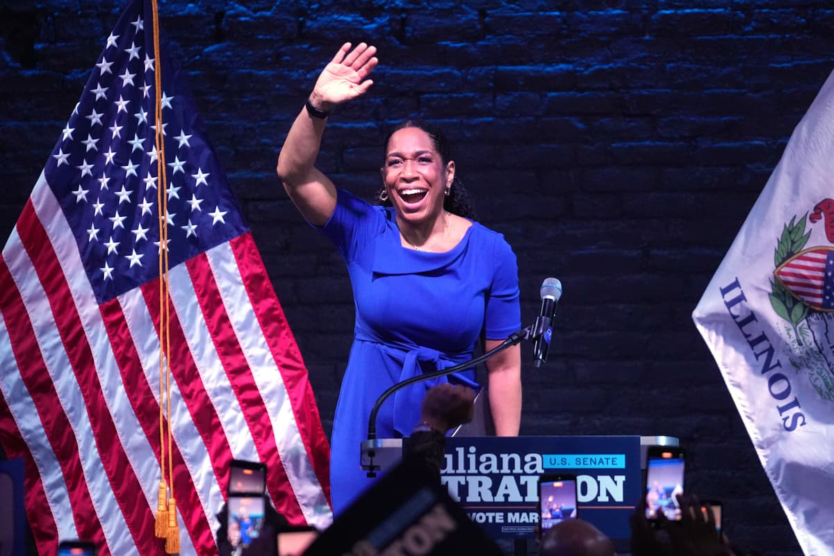 Illinois Lieutenant Governor Juliana Stratton waves during a primary election night watch party after winning the Democratic primary for U.S. Senate, March 17, 2026.