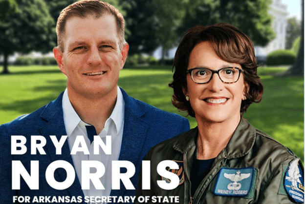 A candidate for Arkansas secretary of state, Bryan Morris, appears in a campaign promotional image with a prominent Republican politician from Arizona, Wendy Rogers.
