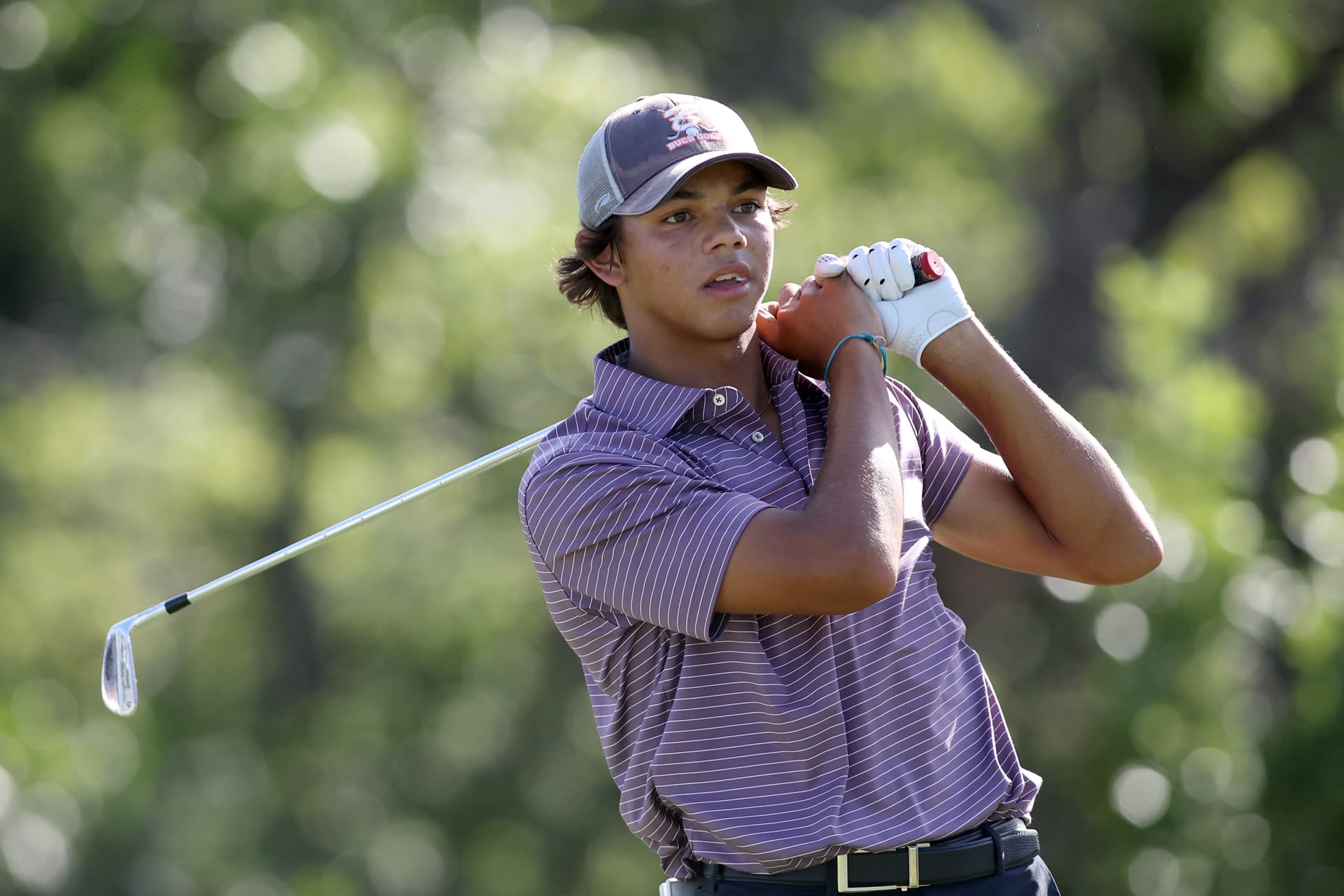 Charlie Woods hits a tee shot during the U.S. Junior Amateur at Brook Hollow Golf Club at Dallas, Texas, on July 21, 2025.
