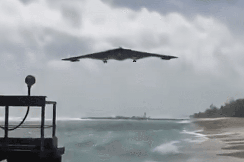 An American B-2 bomber is seen landing at Diego Garcia in the Indian Ocean on March 12, 2026.