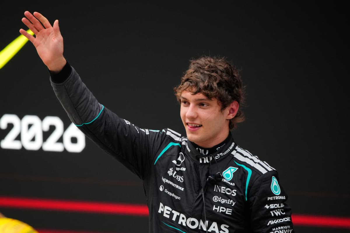 Mercedes driver Andrea Kimi Antonelli of Italy on the podium after he clocked the fastest time during the Chinese Formula One Grand Prix race at the Shanghai International Circuit, March 15, 2026.