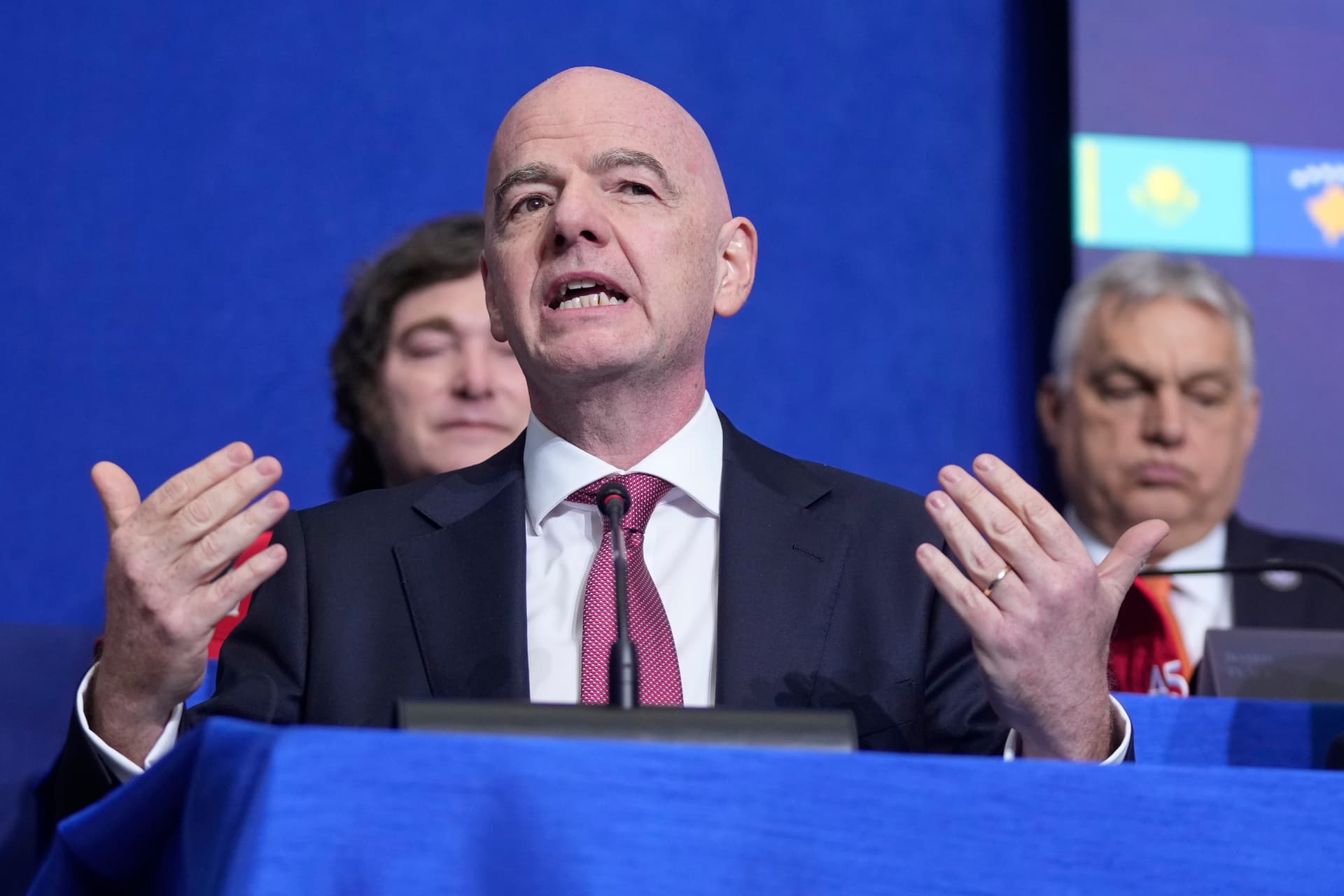 The FIFA president, Gianni Infantino, speaks during a Board of Peace meeting at the U.S. Institute of Peace at Washington D.C., on February 19, 2026.