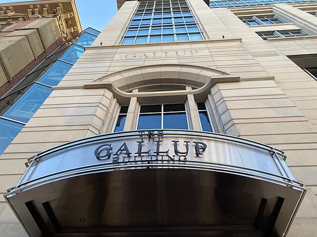 The facade of the Gallup, Inc. headquarters building at Washington, D.C., is seen on November 27, 2023.