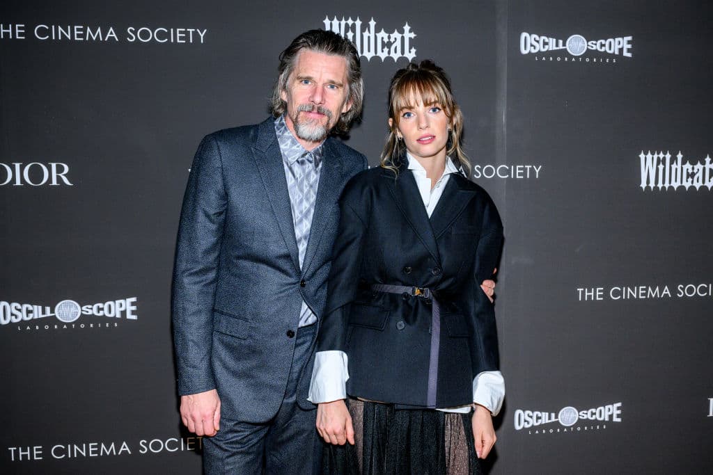 Actor Ethan Hawke and his actress daughter Maya Hawke attend a premiere at the Angelika Film Center in 2024.