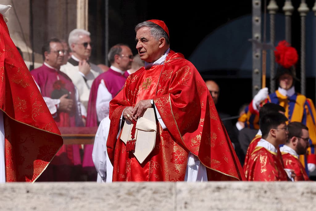 Giovanni Angelo Cardinal Becciu attends the funeral of Pope Francis in St. Peter’s Square on April 26, 2025 at Vatican City. 
