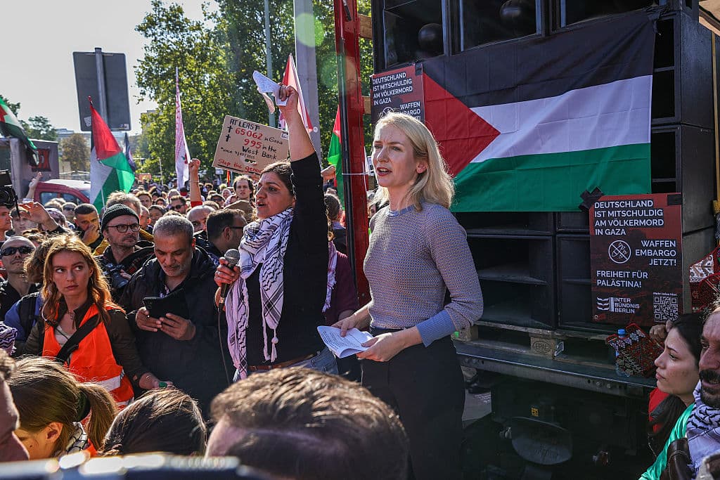 Co-leader of the German Die Linke party Ines Schwerdtner delivers a speech as people gather at a demonstration taking place under the slogan: 'Together for Gaza', on September 27, 2025 at Berlin.