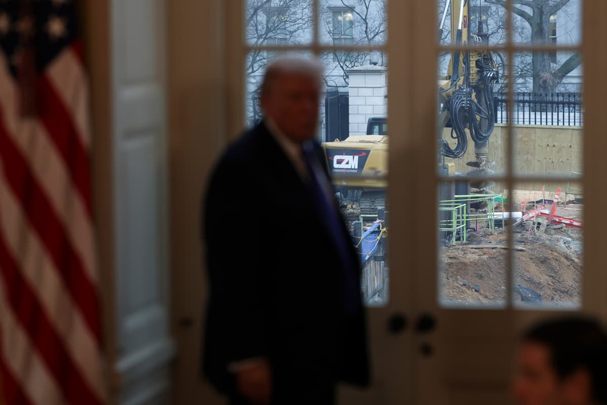 President Trump views construction of his White House ballroom during a meeting with oil and gas executives in the East Room of the White House on January 9, 2026 in Washington, D.C. 