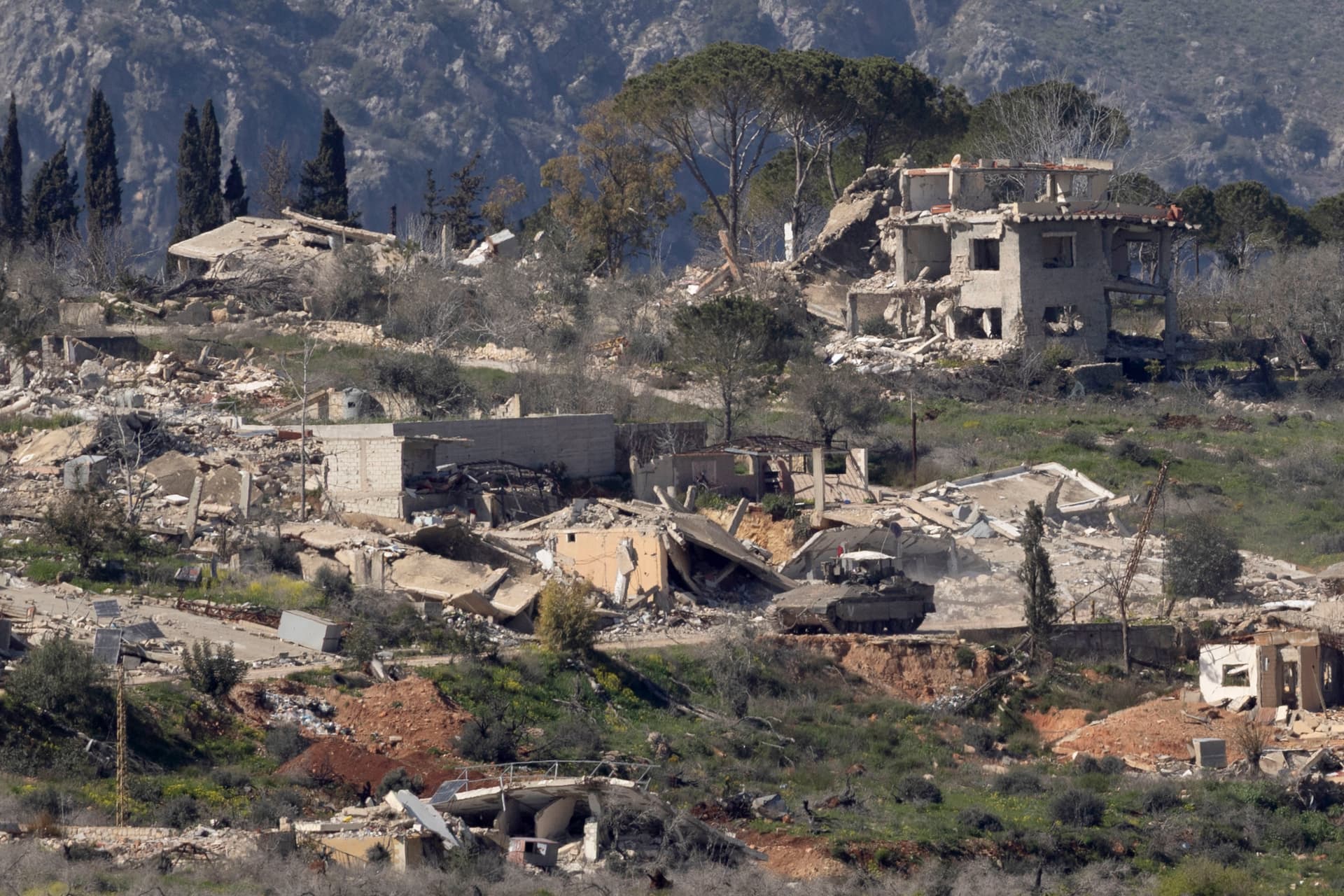 Israeli tank in Southern Lebanon as seen from the Israeli side of the border on March 5, 2026 