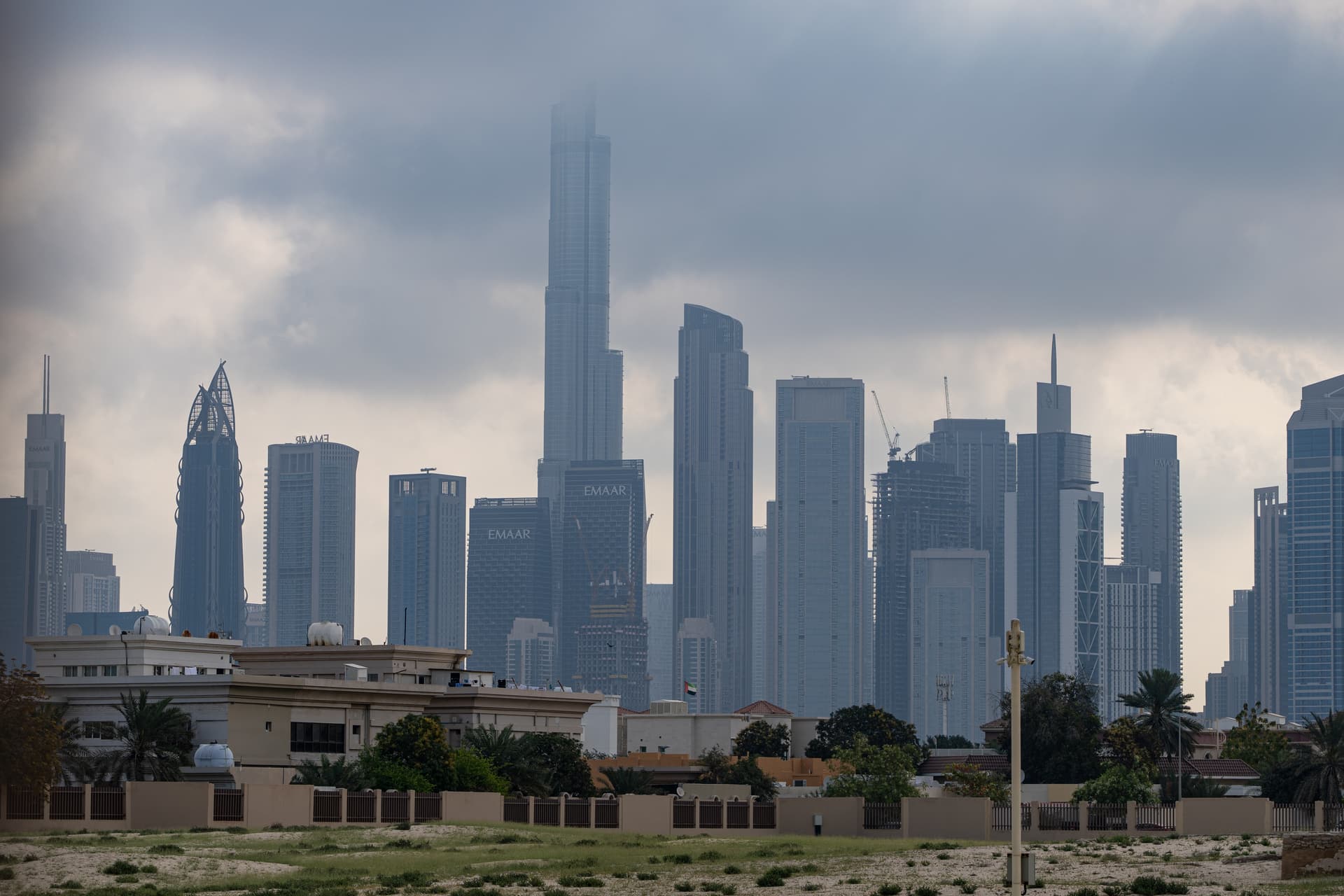 The Burj Khalifa skyscraper, partially obscured by clouds, on the city skyline on March 05, 2026, in Dubai, United Arab Emirates.  