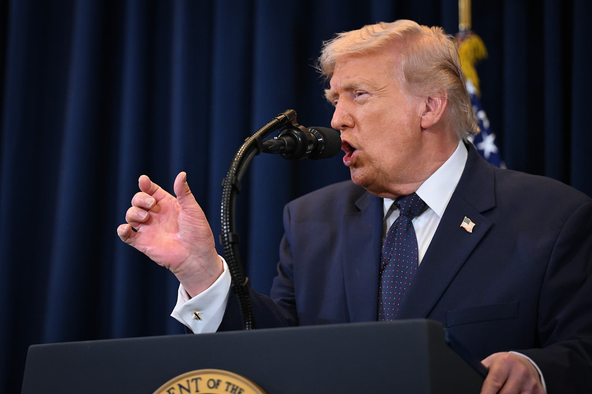 President Trump speaks to reporters about strikes on Iran during a news conference at Trump National Doral Miami on March 9, 2026, at Doral, Florida. 
