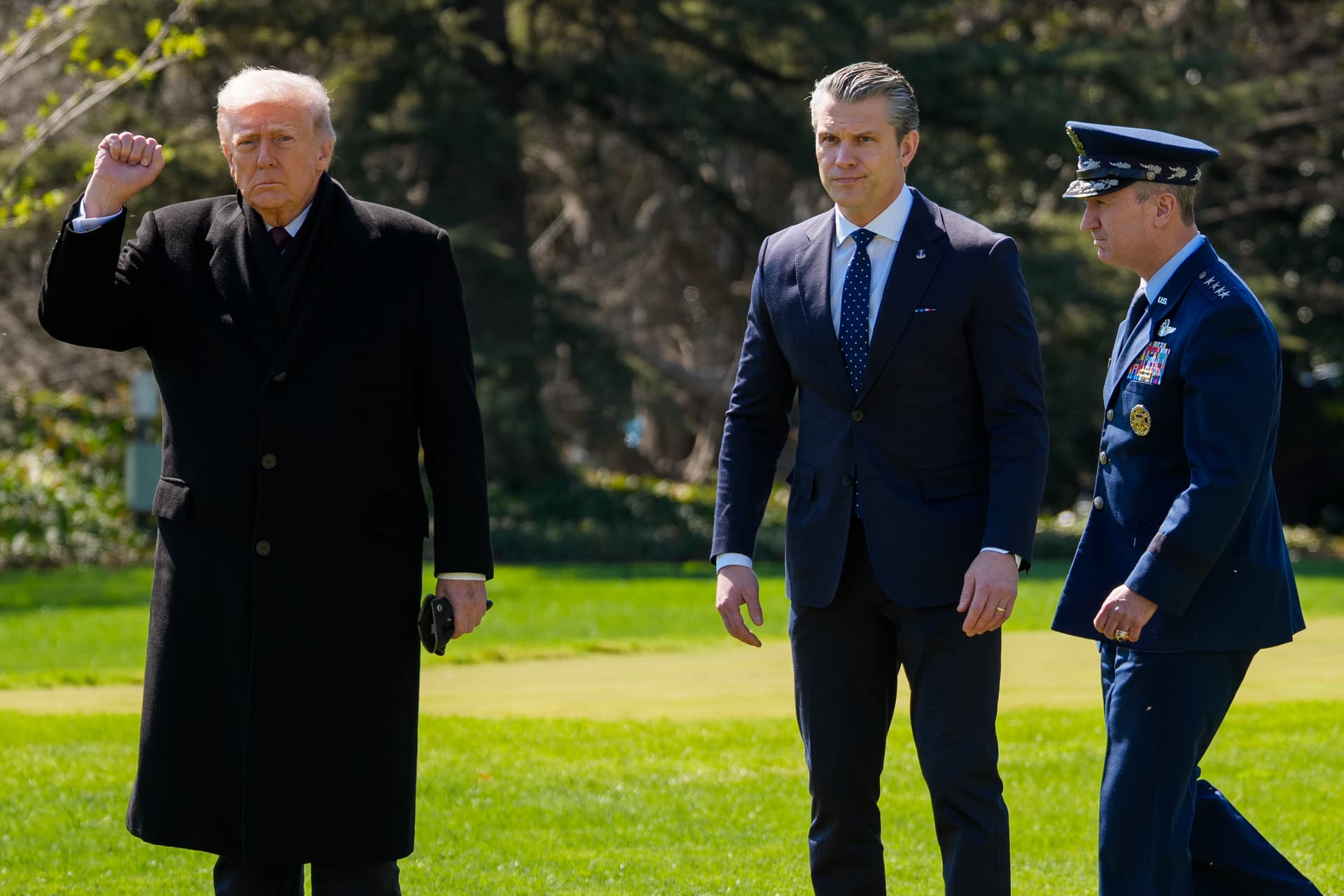 President Trump, accompanied by  Secretary of Defense Pete Hegseth, and Chairman of the Joint Chiefs of Staff General Dan Caine.