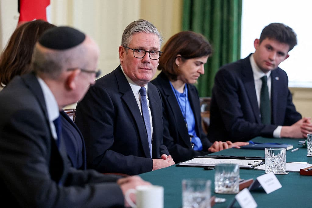 Prime Minister Keir Starmer speaks during a meeting with representatives of the Jewish community after four Hatzola ambulances were set on fire overnight on March 23, 2026 at London. 