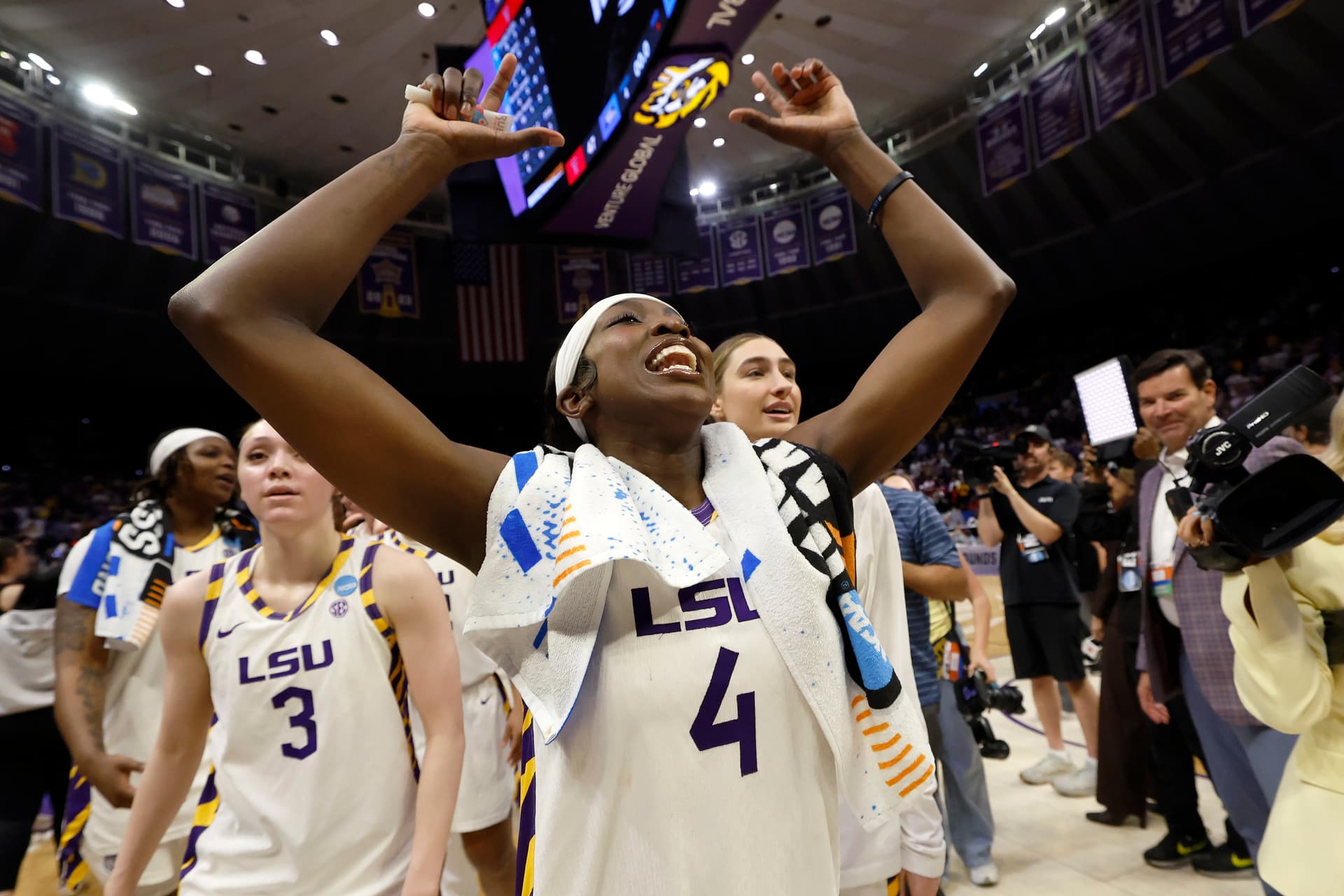 Flau'jae Johnson of the LSU Tigers celebrates after a game against the Texas Tech Lady Raiders in the second round of the 2026 NCAA Women's Basketball Tournament at Pete Maravich Assembly Center on March 22, 2026 in Baton Rouge, Louisiana. 