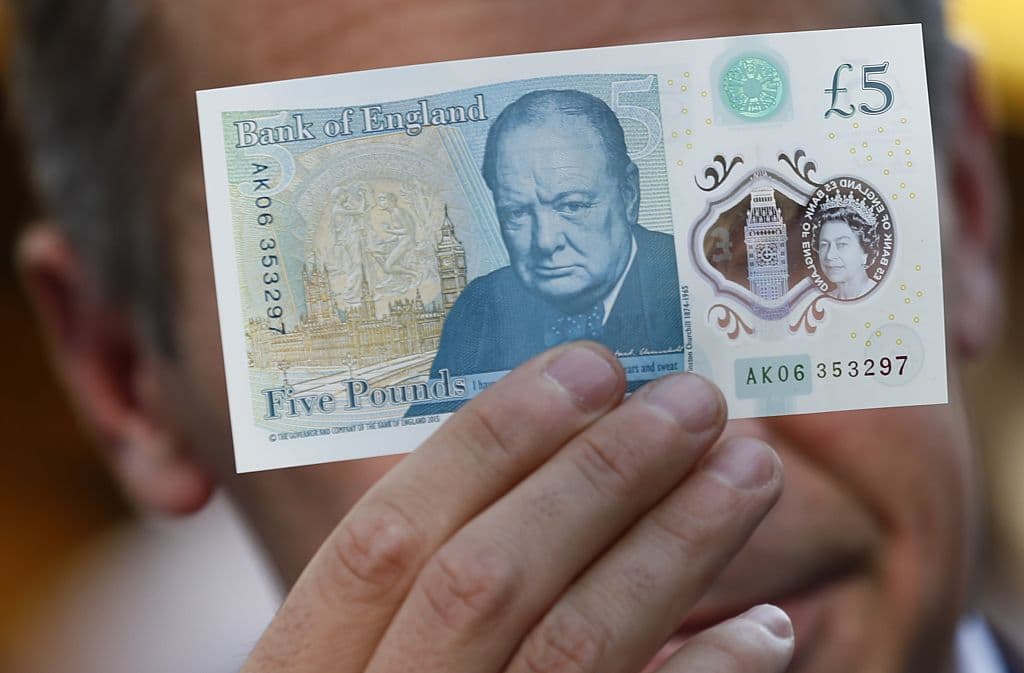 A five pound note at Whitecross Street Market on September 13, 2016 at London.