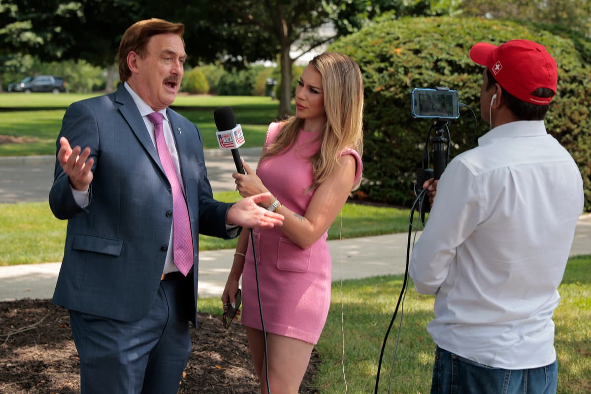  MyPillow founder Mike Lindell talks to a Lindell TV reporter outside the White House on July 24, 2025.