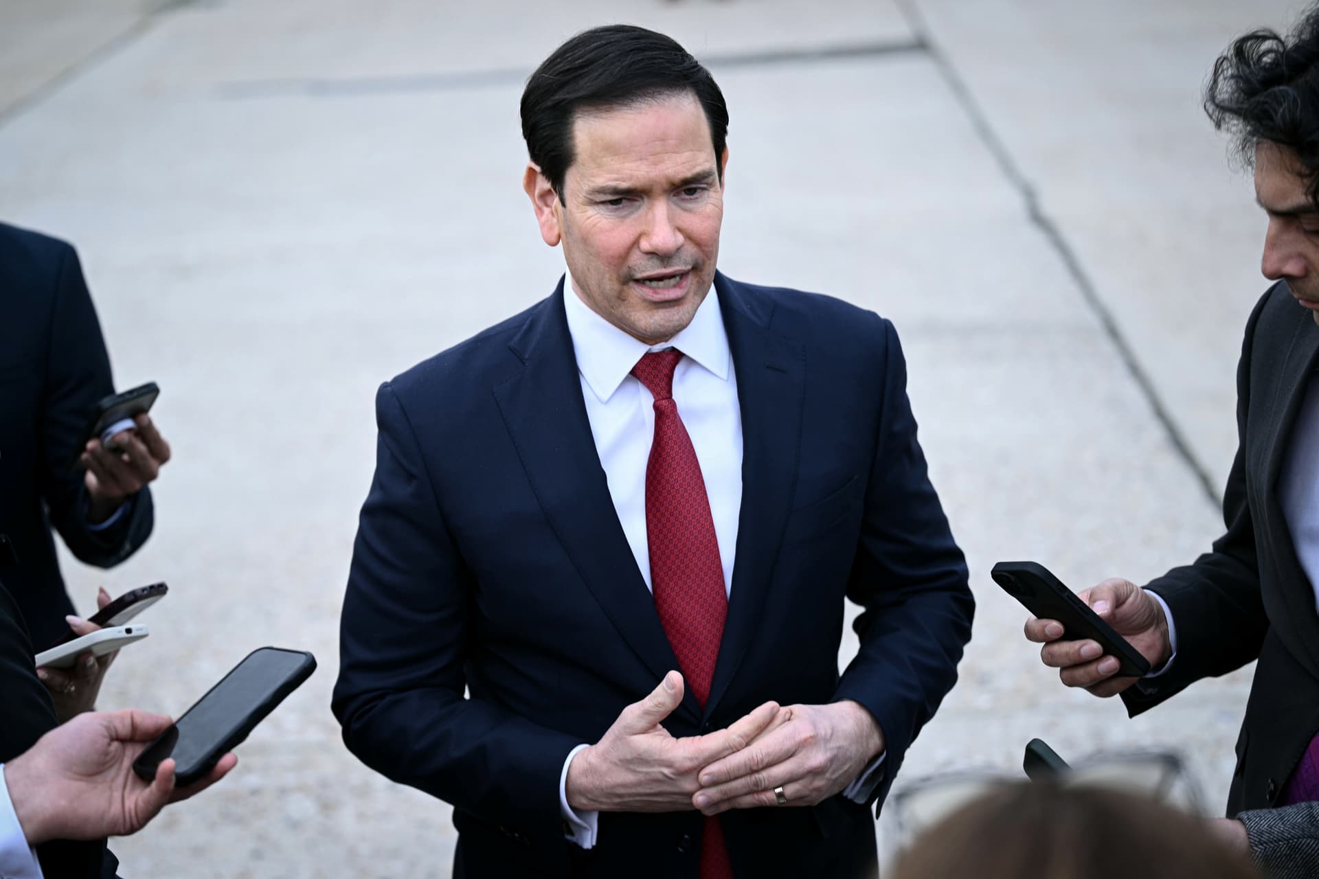 Secretary of State Marco Rubio speaks to reporters at Le Bourget airport outside Paris after a G7 foreign ministers' meeting on March 27, 2026.
